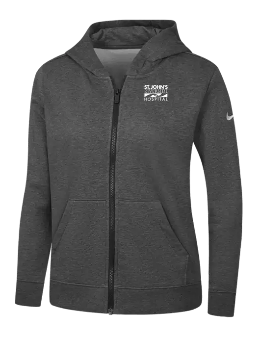 Nike Womens Club Fleece Sleeve Swoosh Full-Zip Charcoal Heather Hoodie w/St. John's Riverside Logo
