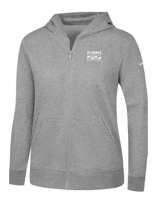Nike Womens Club Fleece Sleeve Swoosh Full-Zip Dark Grey Heather Hoodie w/St. John's Riverside Logo