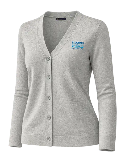 Brooks Brothers Womens Cotton Stretch Light Grey Heather Cardigan Sweater w/St. John's Riverside Logo