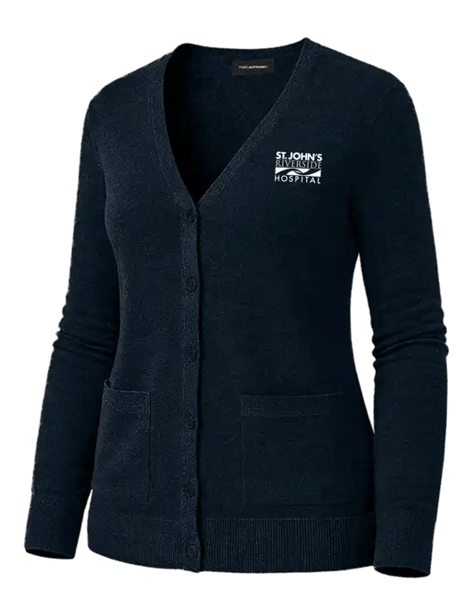 Womens Dark Navy Washable V-neck Cardigan Sweater w/St. John's Riverside Logo