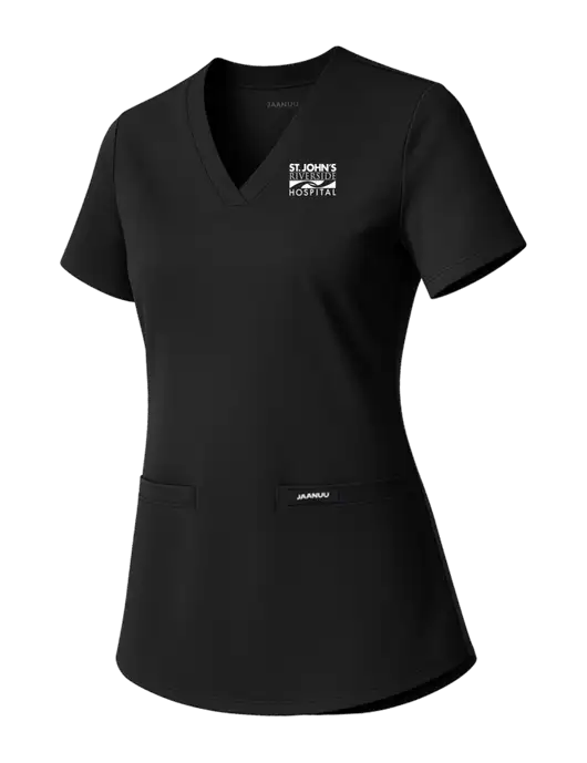 Jaanuu Womens Black Cesi Ultrasoft Scrub V-Neck Top w/St. John's Riverside Logo