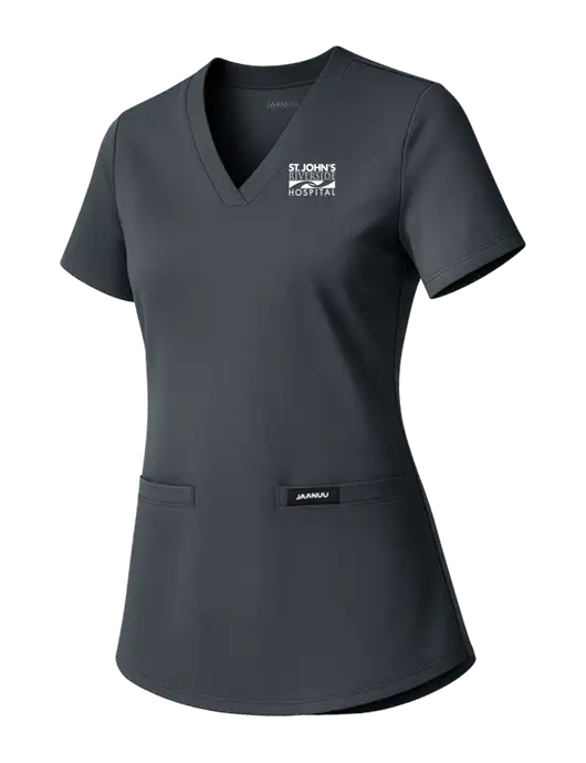 Jaanuu Womens Dark Grey Cesi Ultrasoft Scrub V-Neck Top w/St. John's Riverside Logo