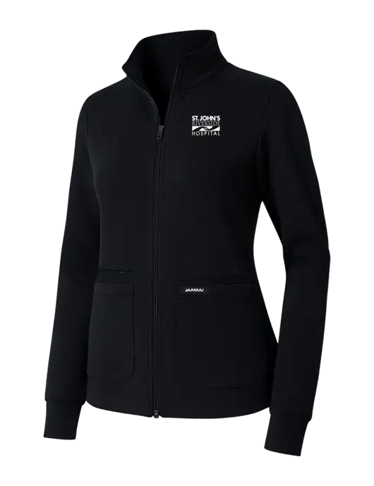 Jaanuu Womens Ceri Essential Black Full-Zip 6-Pocket Scrub Jacket w/St. John's Riverside Logo