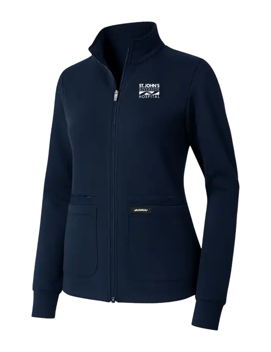 Jaanuu Womens Ceri Essential Dark Navy Full-Zip 6-Pocket Scrub Jacket w/St. John's Riverside Logo
