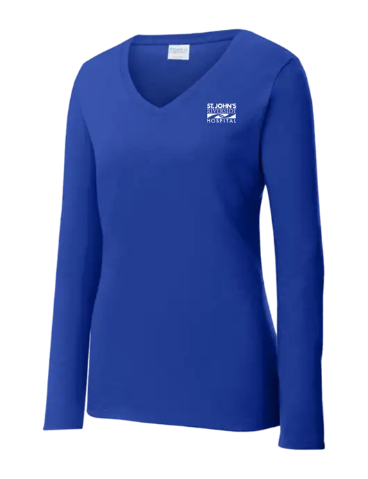 Womens  V-Neck Ring Spun Royal 4.5 oz Long Sleeve T-Shirt w/St. John's Riverside Logo