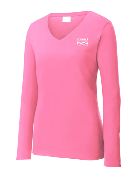 Womens  V-Neck Ring Spun Pink 4.5 oz Long Sleeve T-Shirt w/St. John's Riverside Logo