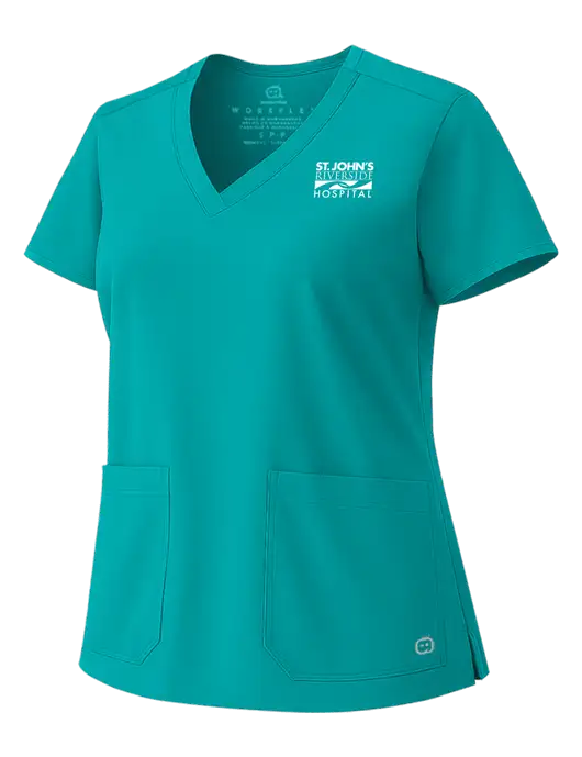 Wink Teal Blue Womens WorkFlex V-Neck Top w/St. John's Riverside Logo