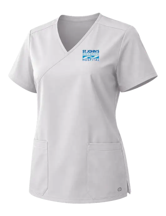 Wink White Womens WorkFlex Mock Wrap Top w/St. John's Riverside Logo