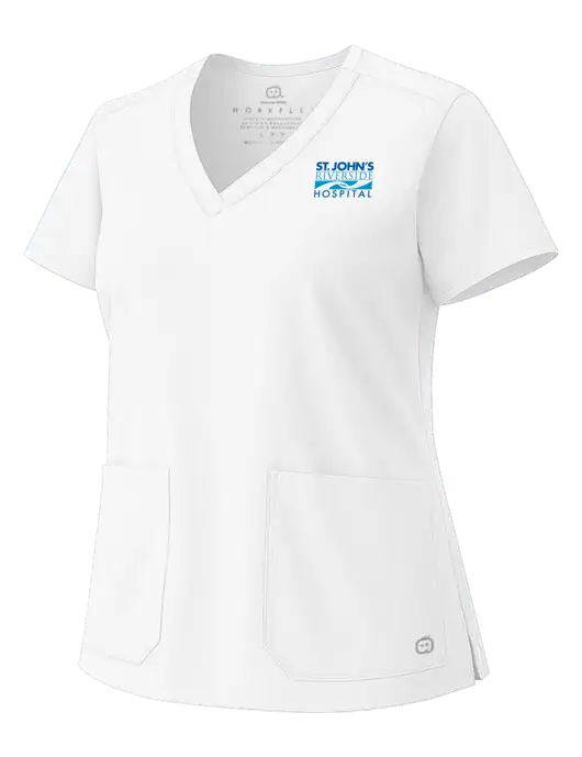 Wink White Womens WorkFlex V-Neck Top w/St. John's Riverside Logo