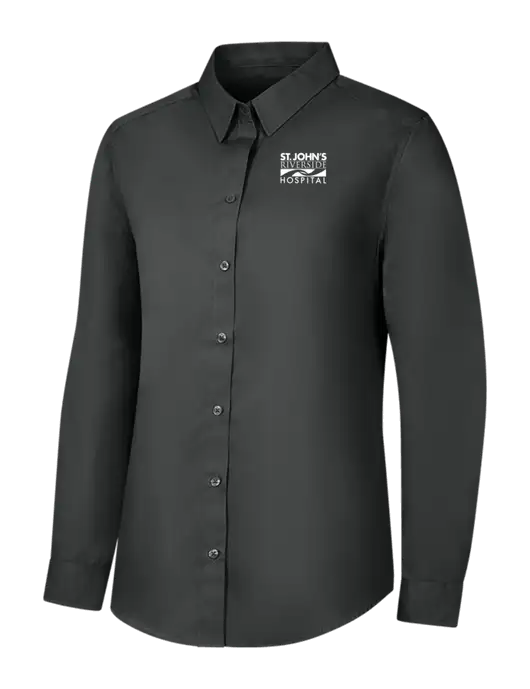 Womens Dark Grey Long Sleeve Carefree Poplin Shirt w/St. John's Riverside Logo