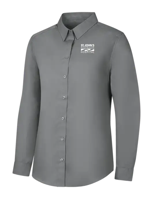 Womens Medium Grey Long Sleeve Carefree Poplin Shirt w/St. John's Riverside Logo
