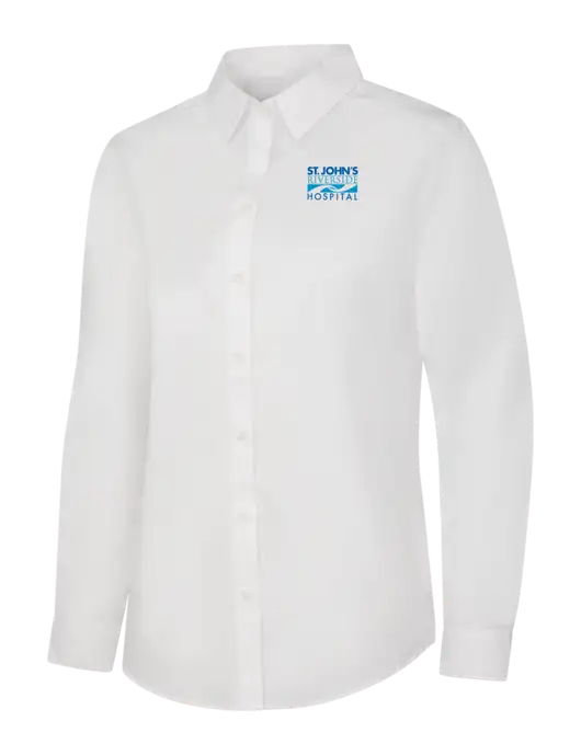 Womens White Long Sleeve Carefree Poplin Shirt w/St. John's Riverside Logo