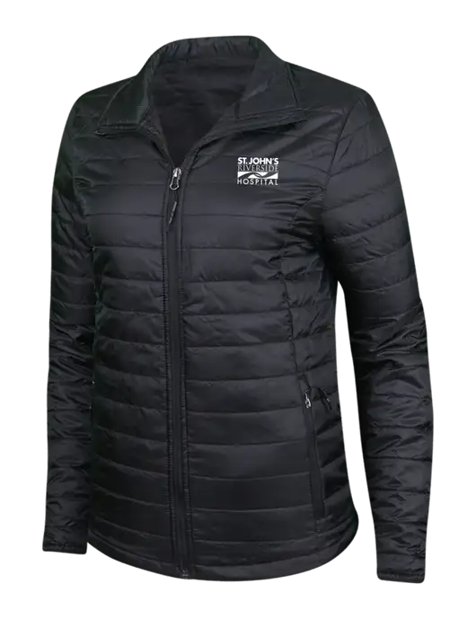 Womens Black Puffy Packable Jacket w/St. John's Riverside Logo