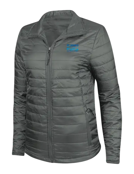 Dark Grey Womens Puffy Packable Jacket w/St. John's Riverside Logo
