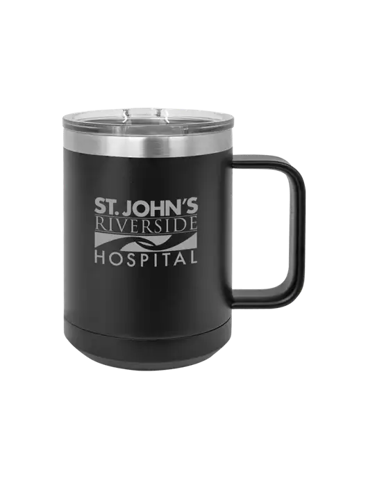 Polar Camel 15 oz Powder Coated Black Vacuum Insulated Mug with Slider Lid w/St. John's Riverside Logo