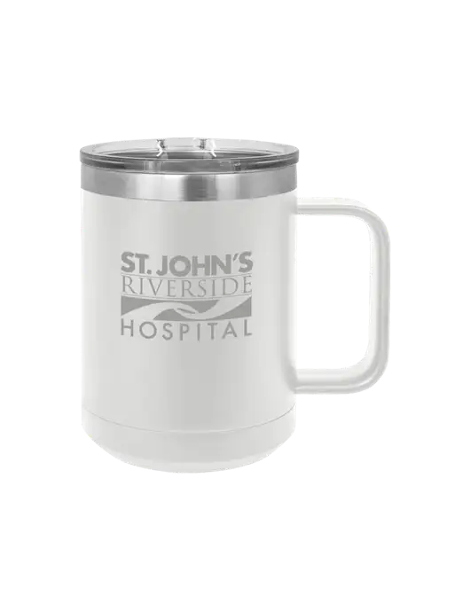 Polar Camel 15 oz Powder Coated White Vacuum Insulated Mug with Slider Lid w/St. John's Riverside Logo