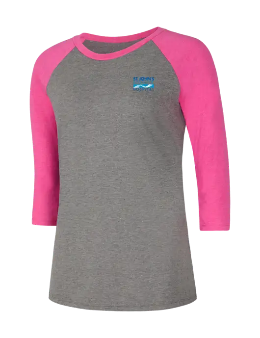 Womens Simply Soft 3/4 Sleeve Fuchsia Frost/Grey Frost Ring Spun Cotton T-Shirt w/St. John's Riverside Logo