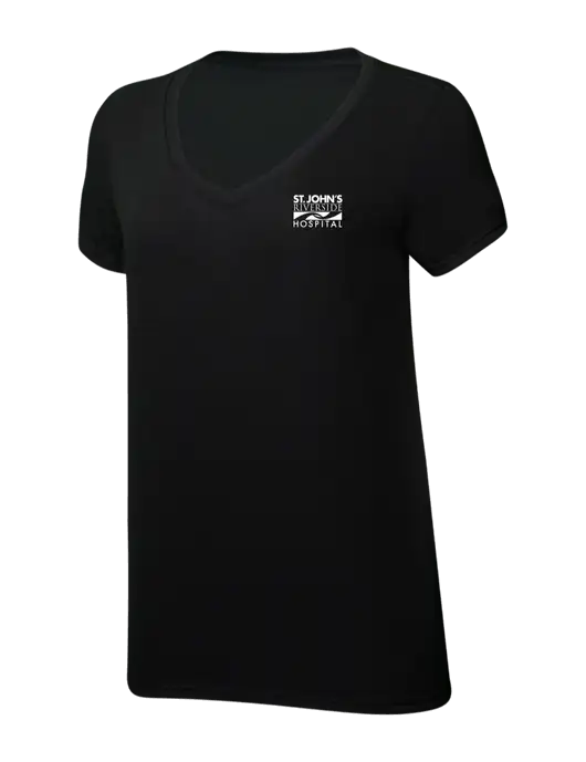 Womens Simply Soft V-Neck Black 4.5oz  Poly/Combed Ring Spun Cotton T-Shirt w/St. John's Riverside Logo