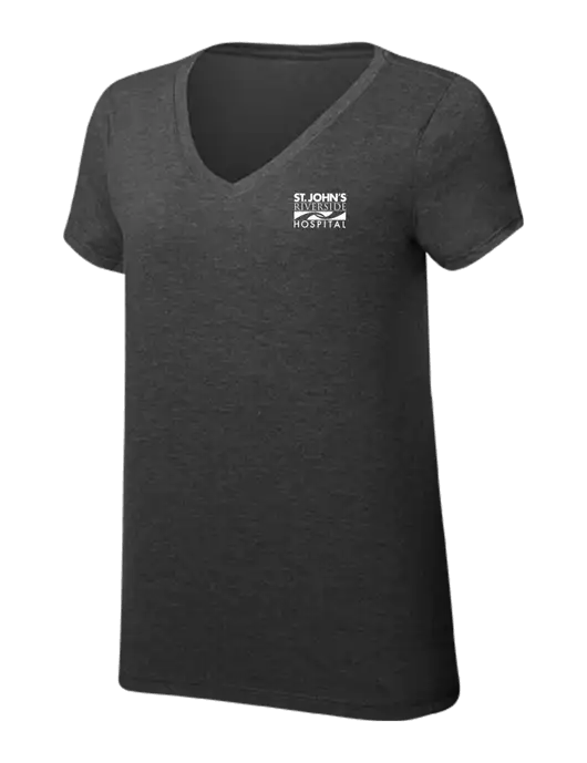 Womens Simply Soft V-Neck Black Frost 4.5oz  Poly/Combed Ring Spun Cotton T-Shirt w/St. John's Riverside Logo