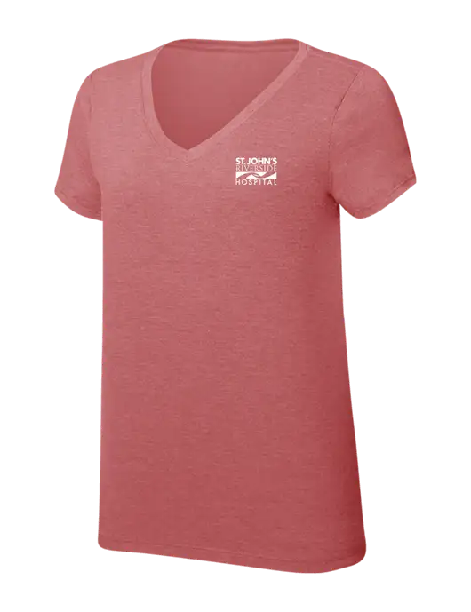 Womens Simply Soft V-Neck Blush Frost 4.5oz  Poly/Combed Ring Spun Cotton T-Shirt w/St. John's Riverside Logo