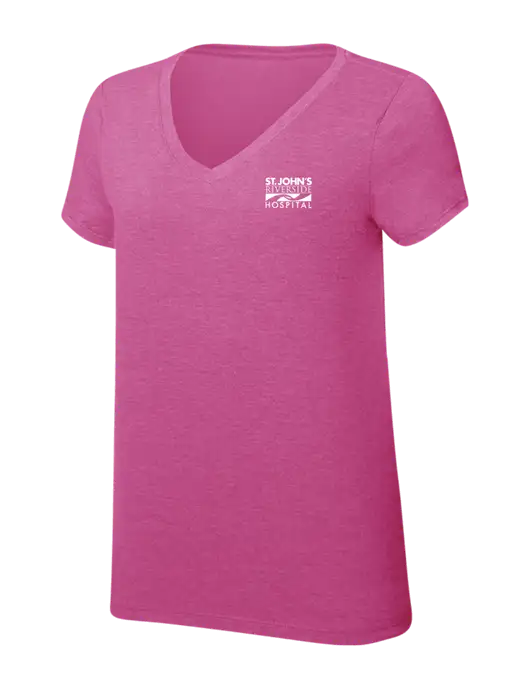 Womens Simply Soft V-Neck Fuschia Frost 4.5oz  Poly/Combed Ring Spun Cotton T-Shirt w/St. John's Riverside Logo