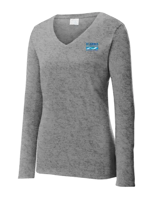 Womens  V-Neck Ring Spun Grey Heather 4.5 oz Long Sleeve T-Shirt w/St. John's Riverside Logo