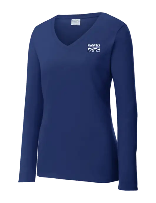 Womens  V-Neck Ring Spun Navy 4.5 oz Long Sleeve T-Shirt w/St. John's Riverside Logo